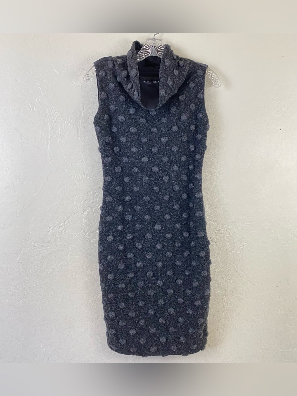 Natalia Romano Size Medium Grey & Black Polka Dot Knitted Turtle Neck Midi Dress